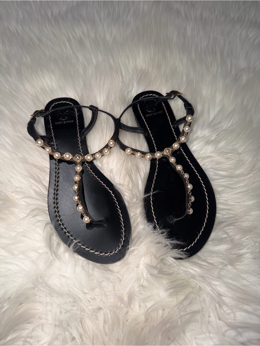 Tory Burch Black Pearl-Trim T-Strap Sandals